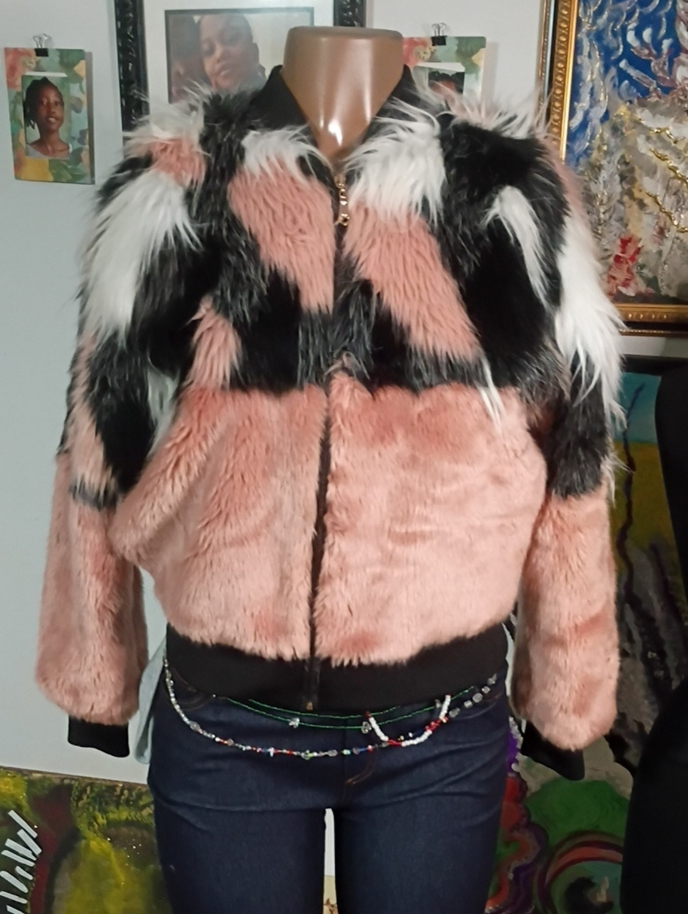Say What? Pink, Black & White Faux Fur Bomber Jacket Size S